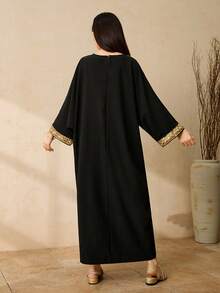 亮片缎带饰边V领长袖流苏设计少女休闲连衣裙 - 黑色 - 查看 2