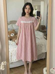 SHEIN 女童宽松格子荷叶边长袖休闲连衣裙 - 粉色 - 查看 9