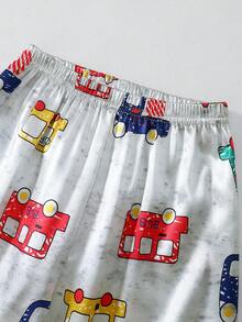 男童休闲卡通印花睡衣套装，撞色滚边，短袖上衣带口袋和纽扣，短裤，家居服 - 彩色 - 查看 5