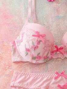 FloralLove 情人节刺绣花卉蕾丝拼接钢圈加厚聚拢舒适半罩杯浪漫礼物蝴蝶结可爱娃娃衫女士内衣套装 - 粉色 - 查看 3