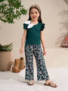 Elladie kids 2pcs/Set Young Girls Flutter Sleeve Top & Printed Straight Pants, Suitable For Vacation, Outings, And Casual Wear - Dark Green - View 5
