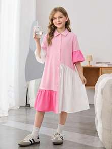 SHEIN Tween Girls Pink Dress,Cute Summer Tea Party Pink And White Striped Colorblock Ruffle Hem Fitted Flare Sleeve Woven Fabric Back To School Everyday - Baby Pink - View 4