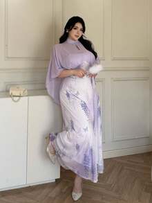 Vibekara Plus Size Women Floral Print Keyhole Neck Elegant New Chinese Style 2 In 1 Cape Dress - Mauve Purple - View 2