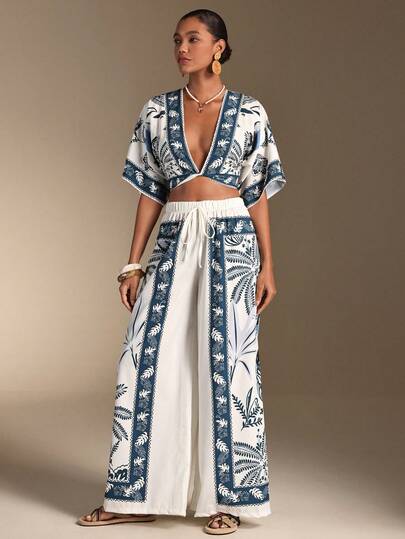 Swim Oasis 2pcs/Set Women's Spring/Summer Vacation Beach BOHO Blue & White Kimono Top And Pants Set 2026 New Women's Swimwear ArrivalFor School,Suitable For Holiday, Date, Afternoon Tea, Western, Cruise, Beach, Island, Road Trip, All Seasons, Music Festival, Boho Vacation,Bohemian Vacation, Chill Autumn ,Western Boho ,Elegant Tops For Women Women's Two Pieces Sets Two Pieces Maxi Pant Set Vacation Outfits Woman Women's 2 Pieces Summer Outfit Resort Wear Two Pieces Pant Set Vacation Outfits Women Women's Summer Outfit Two Pieces Maxi Skirt Set Vacation Outfits Woman Skirt Set Resort Wear 2026