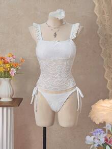 Bellisia Spring/Summer Floral Lace Fabric Tie-Up Camisole Strap Bikini Set,2026 New Women's Swimwear ArrivalFor School,Suitable For Holiday, Date, Afternoon Tea, Western, Cruise, Beach, Island, Road Trip, All Seasons, Music Festival, Boho Vacation,Bohemian Vacation, Chill Autumn ,Western Boho ,Elegant Tops For Women - Beige - View 5