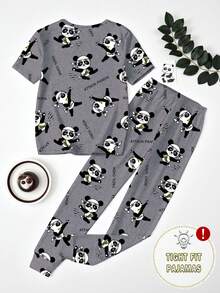 一套男童熊猫印花修身睡衣套装，圆领短袖上衣和长裤，春秋季 - 灰色 - 查看 2