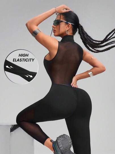 Innovista Mono esencial de mujer para entrenamiento sólido con cremallera, elástico, yoga, gimnasio, mono de una pieza, con espalda descubierta y recorte de malla, transpirable, diseño deportivo de verano, básico diario, ropa deportiva de ocio