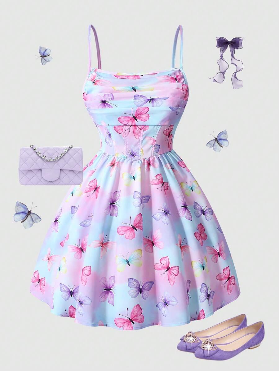 可爱优雅的蝴蝶印花拉链吊带连衣裙，适合13-16岁少女，紫色和粉色 - 紫色 - 查看 1