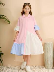 SHEIN 少女休闲纯色梭织面料撞色荷叶边下摆修身喇叭袖连衣裙，适合返校和日常穿着 - 淺藍色 - 查看 10