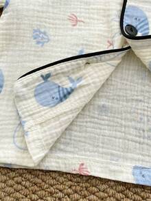 2件套婴儿/幼儿男童米色双层棉纱可爱鲸鱼熊图案短袖裤四件套睡衣 - 米色 - 查看 5