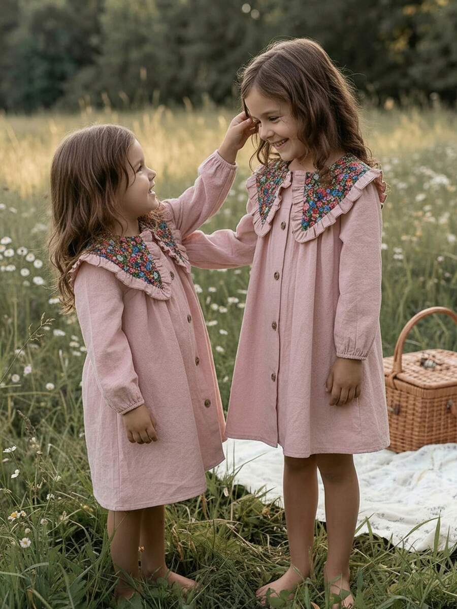 Emery Rose Kids Emery Rose Kids 女童纯色拼接碎花彼得潘领休闲连衣裙，女童春秋法式连衣裙，秋装，舒适秋冬款式，圣诞节，秋季服装，长袖，秋季连衣裙，女童碎花蕾丝领连衣裙，舒适秋冬款式，秋季，粉色连衣裙，秋季连衣裙，长袖 - 粉色 - 查看 1