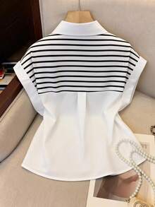 Everyssa Black & White Striped Patchwork Casual Short Sleeve Blouse For Women - White - View 2