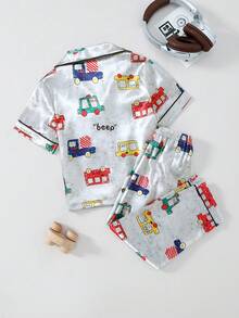 男童休闲卡通印花睡衣套装，撞色滚边，短袖上衣带口袋和纽扣，短裤，家居服 - 彩色 - 查看 2