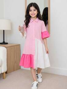 SHEIN Tween Girls Pink Dress,Cute Summer Tea Party Pink And White Striped Colorblock Ruffle Hem Fitted Flare Sleeve Woven Fabric Back To School Everyday - Baby Pink - View 6