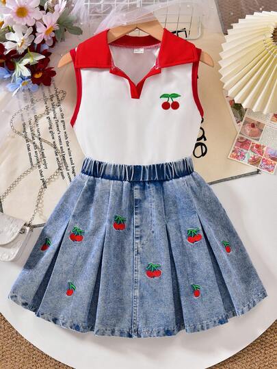 2pcs/Set Cute & Fashionable Children's Outfit, Sleeveless Shirt With Red Collar Trim, Cherry Embroidery On Chest, Denim Skirt With Cherry Embroidery, Fresh & Adorable Style, Suitable For Daily Wear