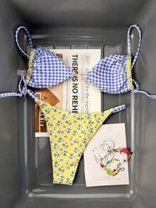 Swim Mod 2026春夏款女士吊带黄色底蓝色花卉格纹可调节侧边高衩比基尼套装 - 彩色 - 查看 4