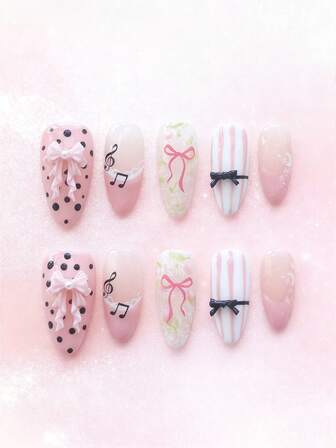 Anime 10 pezzi Unghie finte di alta qualità con fiocco carino, nota musicale, elemento a stella, realizzate a mano + 3 pezzi di adesivo biadesivo, Adesivi per arte di unghie rimovibili con catena di strass stile francese Y2K a pois, adatti per vacanze, feste, ballo e uso quotidiano