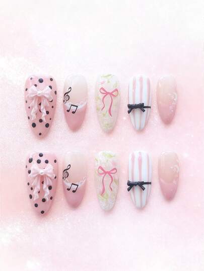 Anime 10pcs Cute Bowknot Music Note Star Element High Quality Handmade False Nails + 3pcs Double-Sided Adhesive, Y2K French Style Rhinestone Chain Polka Dot Removable Nail Art Stickers, Suitable For Holidays, Parties, Dancing And Daily Wear