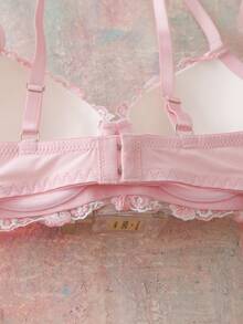 FloralLove Áo ngực nữ kiểu balconette thêu hoa, cúp 3/4, có gọng, nâng ngực, nơ, viền bèo nhún, gấu áo xếp ly, ngọt ngào, dễ thương, thoải mái. - Hồng - Xem 8