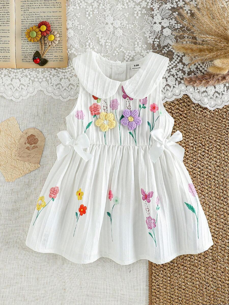 SHEIN Đầm không tay dễ thương cho bé gái với họa tiết hoa 3D và nơ, thích hợp mặc ở nhà, chơi ngoài trời và đi nghỉ mát. - trắng - Xem 1