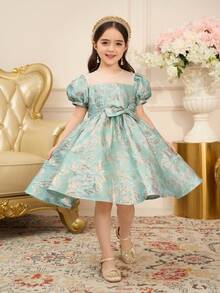 Young Girl Elegant Mid Length Princess Dress, With Mesh Stitching Design At The Neckline To Add A Sense Of Fashion, Heavy Fabric Design To Add A Sense Of Luxury, And Bow Embellishment At The Waist, Suitable For Dining And Holiday Wear - Green - View 8
