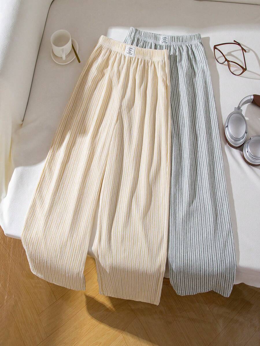 2pcs Striped Crinkle Knit Straight Leg Pants, With Letter Woven Label, Suitable For Casual Wear Like Walking, Shopping, School For Girls Aged 8-12 - Multicolor - View 1