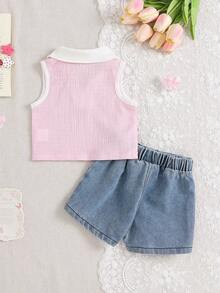 Playful Pals 两件套女婴粉色V领无袖蝴蝶结刺绣背心上衣+松紧腰蝴蝶结装饰浅蓝色短裤，休闲可爱套装，适合夏季外出或度假 - 粉色 - 查看 4