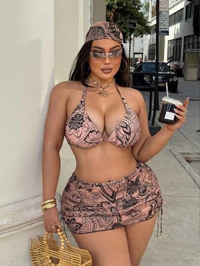 Swim SXY 大码女式三件套随机印花系带抽绳网纱裙配发带度假派对比基尼套装