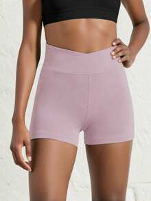 SHEIN 少女运动休闲纯色简约交叉腰带短裤，高弹四向弹力面料，适合骑行、跑步、训练 - 藕粉色 - 查看 4