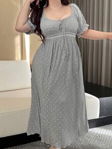 Dazy Plus 优雅碎花圆领系带撞色蕾丝收腰长款睡裙，短袖 - 灰色 - 查看 7