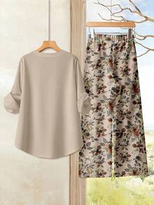 Rusticease Casual Minimalist Apricot Long Sleeve Shirt & Printed Pants 2 Pieces Set, Suitable For Early Spring, Spring & Summer, Versatile Style Carnival