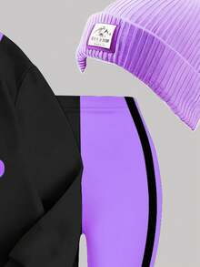 两件套女童休闲韩流卡通人物印花长袖圆领卫衣和针织打底裤套装，撞色设计，舒适针织长袖套装，适合秋冬季穿着 - 彩色 - 查看 3