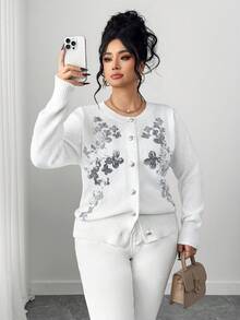 Elenzga Áo khoác cardigan tay dài dáng rộng, đính sequin, cài cúc phía trước, thích hợp cho mùa xuân. - trắng - Xem 5