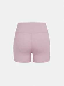 SHEIN 少女运动休闲纯色简约交叉腰带短裤，高弹四向弹力面料，适合骑行、跑步、训练 - 藕粉色 - 查看 6