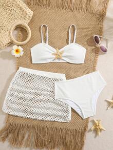 SHEIN 3pcs Girls Elegant Minimalist Bikini Set With Starfish Decor, Paired With Ruffle Beach Dress, Suitable For Vacation, Beach, Swimming, Ideal Summer Swimwear For Teens Swimsuits For Teen Girls White Tween Starfish Bikini Bikini Set For Women Kids Bikini Set For Teenagers Kids Bikini Set High Waist Crochet Two Piece Set High Waist Swimsuit Set Girls Beach Sets Beach Girl Outfit High Waist Bikini Set - Multicolor - View 1