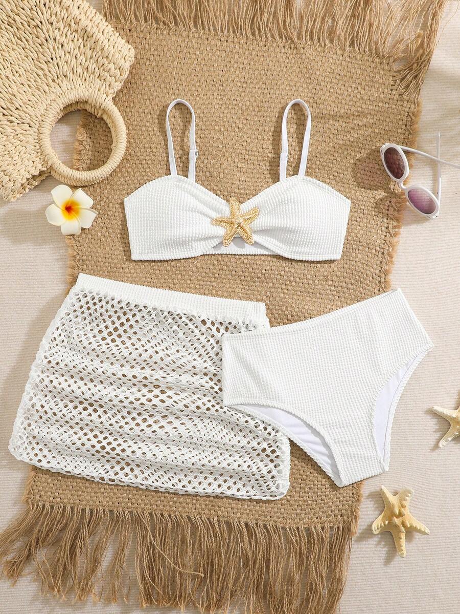 SHEIN 3pcs Girls Elegant Minimalist Bikini Set With Starfish Decor, Paired With Ruffle Beach Dress, Suitable For Vacation, Beach, Swimming, Ideal Summer Swimwear For Teens Swimsuits For Teen Girls White Tween Starfish Bikini Bikini Set For Women Kids Bikini Set For Teenagers Kids Bikini Set High Waist Crochet Two Piece Set High Waist Swimsuit Set Girls Beach Sets Beach Girl Outfit High Waist Bikini Set - Multicolor - View 1