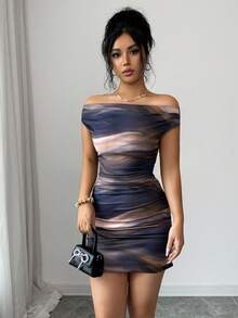 Elenzga 早春/夏季休闲扎染印花网纱不对称荷叶边优雅短裙，时尚棕色女士连衣裙，适合日常穿着和聚会 - 棕色 - 查看 5