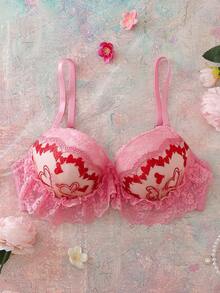 情人节爱心刺绣花卉钢圈3/4罩杯提拉聚拢丰胸舒适半罩杯可爱清新浪漫露背蝴蝶结可爱娃娃衫女士文胸