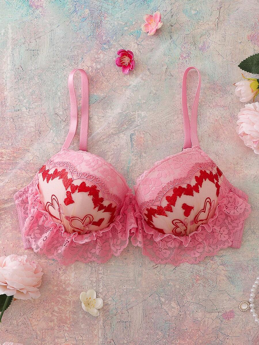 情人节爱心刺绣花卉钢圈3/4罩杯提拉聚拢丰胸舒适半罩杯可爱清新浪漫露背蝴蝶结可爱娃娃衫女士文胸
