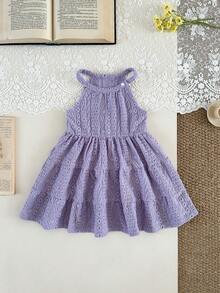 SHEIN Vintaside Kids 春夏女童针织提花吊带连衣裙，度假风，层叠蛋糕设计，优雅紫色宽松休闲时尚 - 紫色 - 查看 3