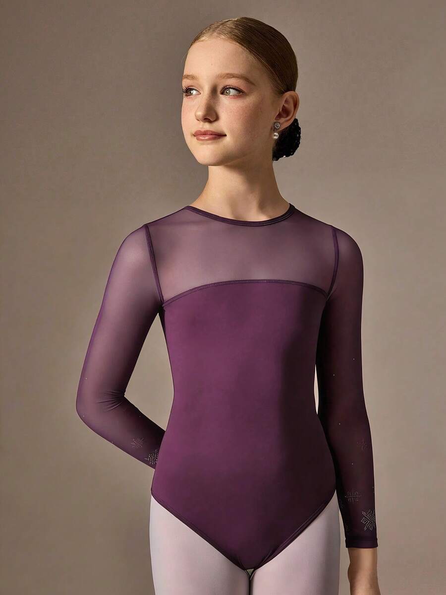 少女运动紧身衣，适合芭蕾舞、返校、健身、训练和休闲穿着。长袖，时尚网眼面料，高弹舒适，舞蹈运动服。 - 紫色 - 查看 1