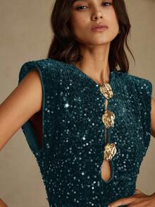 Aveloria EMERY ROSE Đầm dài sequin nhung sang trọng, khoét eo kim loại, hở vai, dáng dài dự tiệc dành cho nữ - cái hồ màu xanh - Xem 2