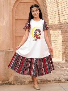 Robe de vacances pour préadolescentes à col rond et manches courtes, avec motif de patchwork de couleur unie - Rouge et Blanc - Voir 2