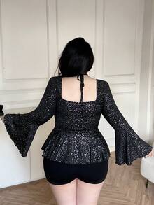 Vibekara 大码优雅长袖T恤，方领A字廓形，深色系 - 黑色 - 查看 2