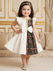 SHEIN Kleine Mädchenkleid mit Polka Dot- und geometrischem Muster Patchwork mit Schleifen-Dekor - Weiss - Übersicht 3