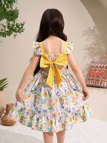 Elladie kids 女童休闲中长连衣裙，后背可爱蝴蝶结设计，黄色碎花连衣裙，女童碎花连衣裙，碎花荷叶边连衣裙，黄色蝴蝶结连衣裙，女童蝴蝶结连衣裙，印花连衣裙，荷叶边吊带连衣裙，夏季连衣裙，女童碎花连衣裙，女童夏季连衣裙，碎花连衣裙，黄色碎花连衣裙，女童可爱连衣裙 - 黃色 - 查看 3