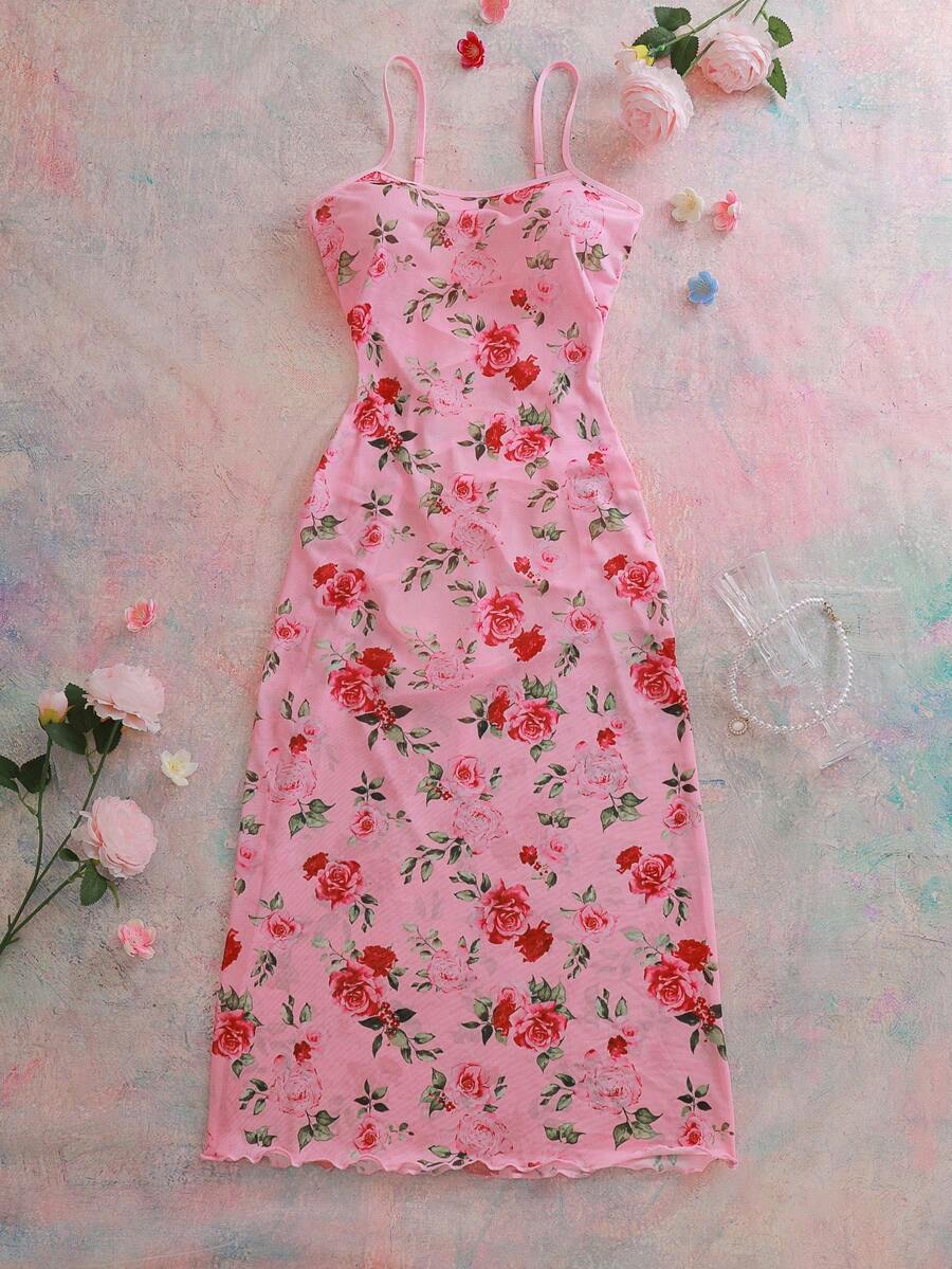 FloralLove Áo ngủ gợi cảm hở lưng, thắt dây chéo, họa tiết hoa, khoét lỗ dành cho nữ - Hồng - Xem 1