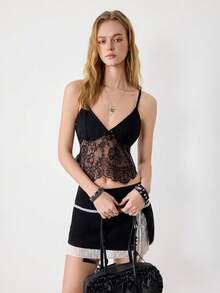 Ardnt Sexy V-Neck Contrast Lace Vest, Elegant & Fashionable Design, Early Spring - Black - View 6