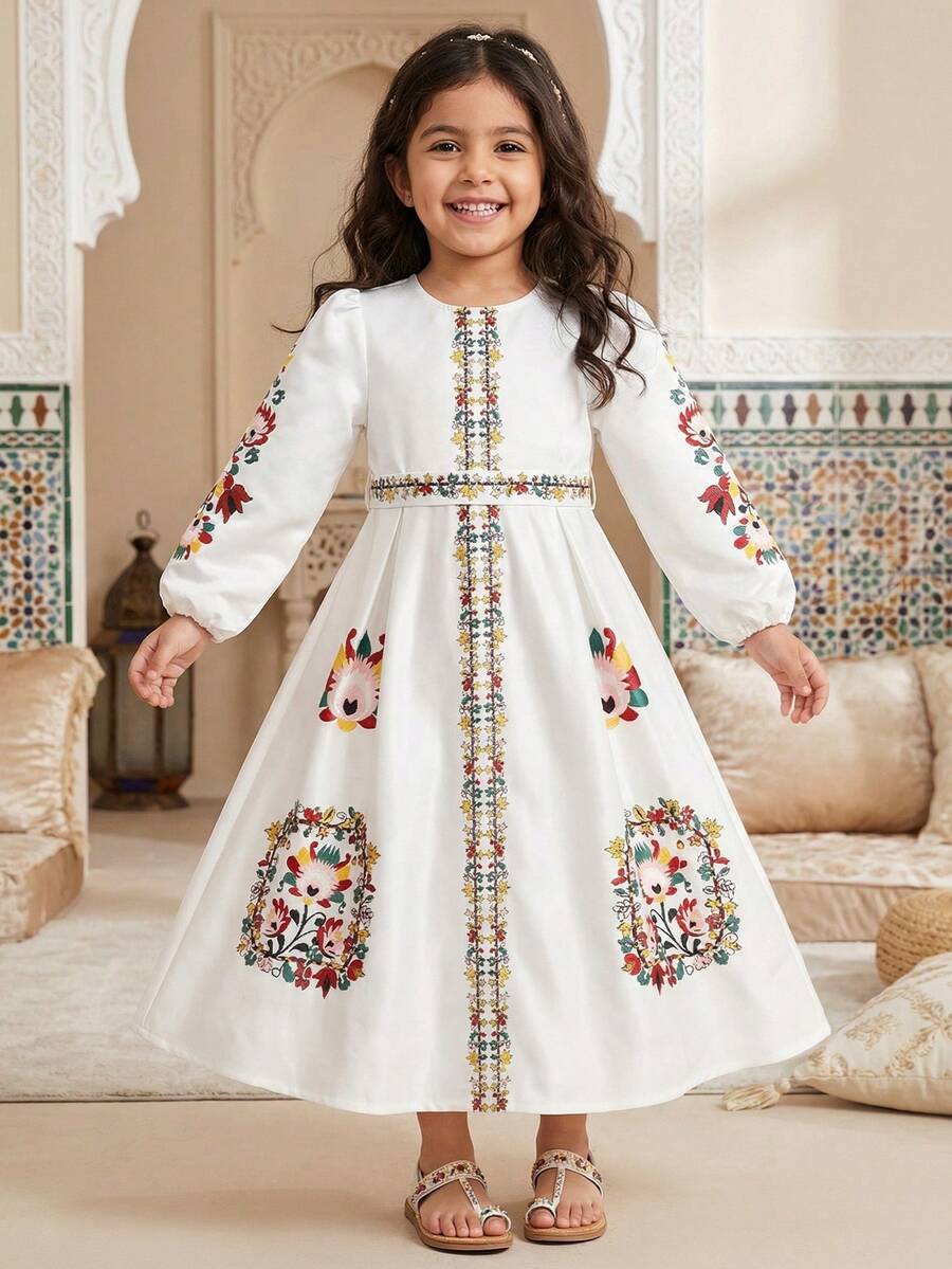 SHEIN Young Girl Ditsy Floral Round Neck Casual Dress, Modest Kaftan Kids Dresses For Girls White White Church Dress For Kids Kids Arabic Dress Girls Modest Dress Long Sleeves Kids Dress