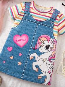 SHEIN Vestido de niña bebé de cuello redondo con estampado de rayas y dibujos animados de manga corta 2 en 1 - Amarillo - Ver 6